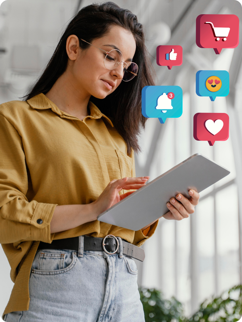 Person with tablet and social media reactions